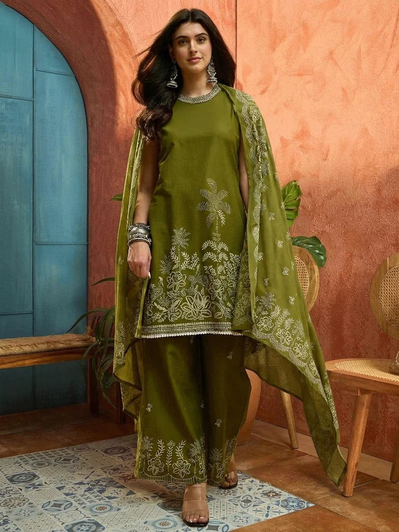 Stylum Women's Green Solid & Embroidered Cotton Straight Kurta Palazzo Dupatta Set