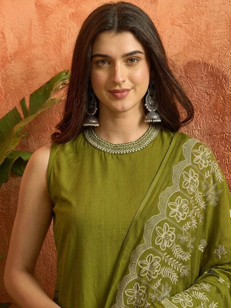 Stylum Women's Green Solid & Embroidered Cotton Straight Kurta Palazzo Dupatta Set