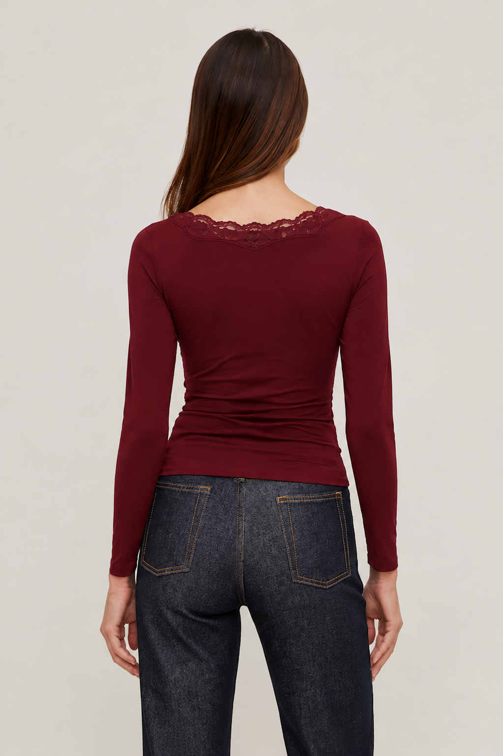 Mywishbag V-Neck Solid Lace Trim Ruched Long Sleeve Top - Polyester Blend