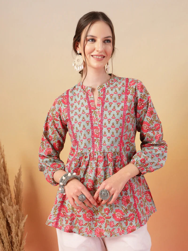 Stylum Floral Print Mandarin Collar Puff Sleeves Cotton Empire Top