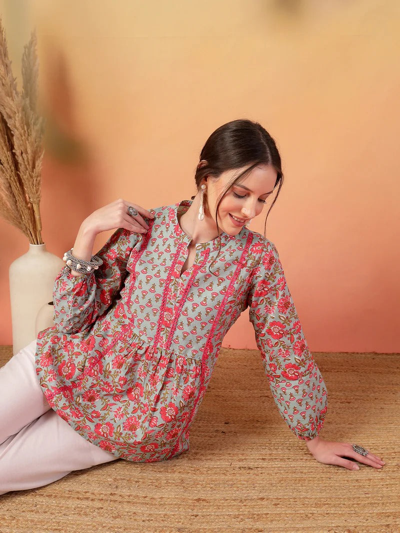 Stylum Floral Print Mandarin Collar Puff Sleeves Cotton Empire Top