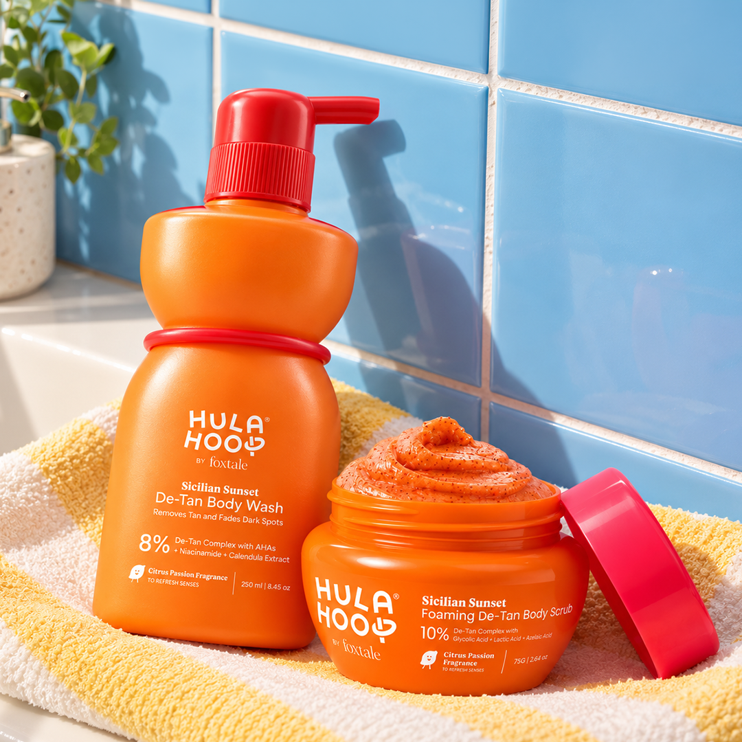Foxtale Hula Hoop Foaming De-Tan Body Scrub - 75g + Hula Hoop 8% De-Tan Body Wash Combo