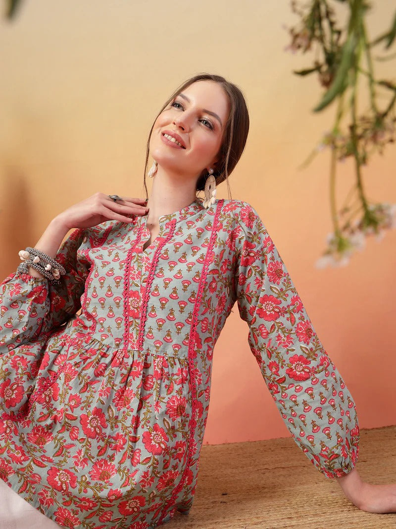 Stylum Floral Print Mandarin Collar Puff Sleeves Cotton Empire Top