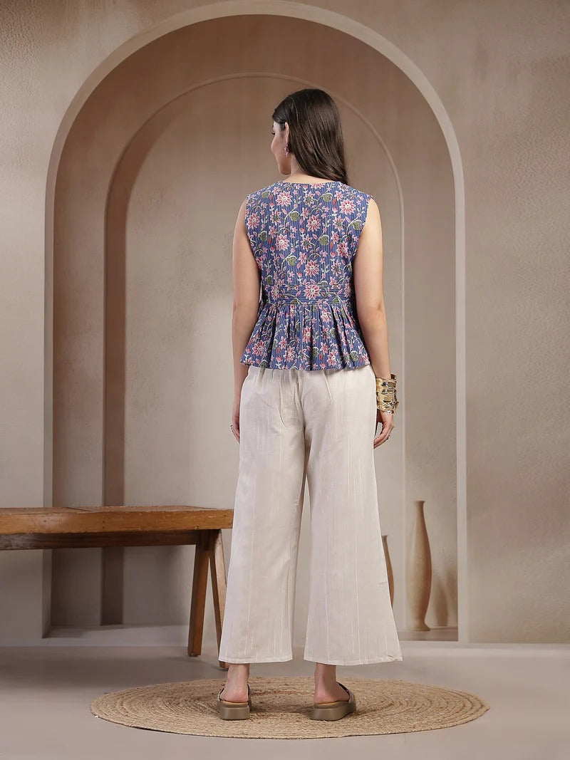 Stylum Women's Blue Floral Printed Katha Cotton Co-Ord Set