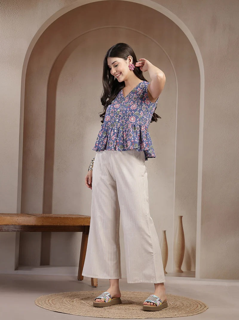 Stylum Women's Blue Floral Printed Katha Cotton Co-Ord Set