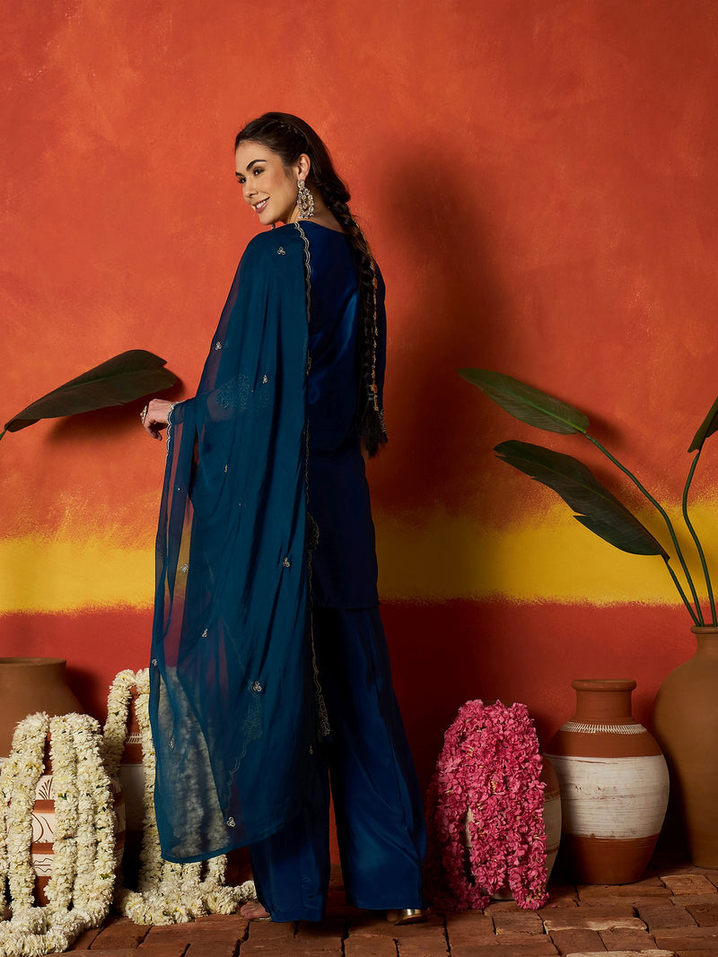 Stylum Women's Teal Solid & Embroidered Silk Blend Straight Kurti Palazzo Dupatta Set