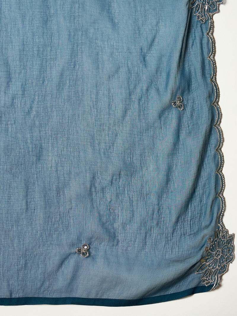 Stylum Women's Teal Solid & Embroidered Silk Blend Straight Kurti Palazzo Dupatta Set