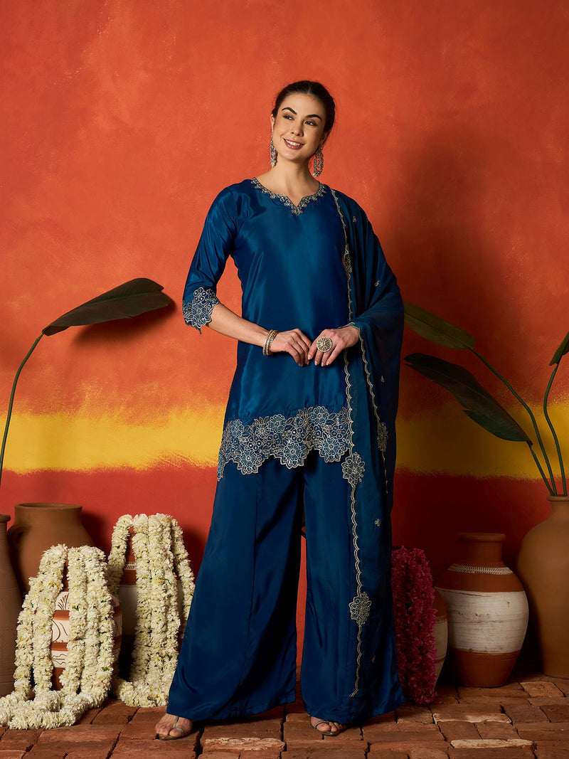 Stylum Women's Teal Solid & Embroidered Silk Blend Straight Kurti Palazzo Dupatta Set