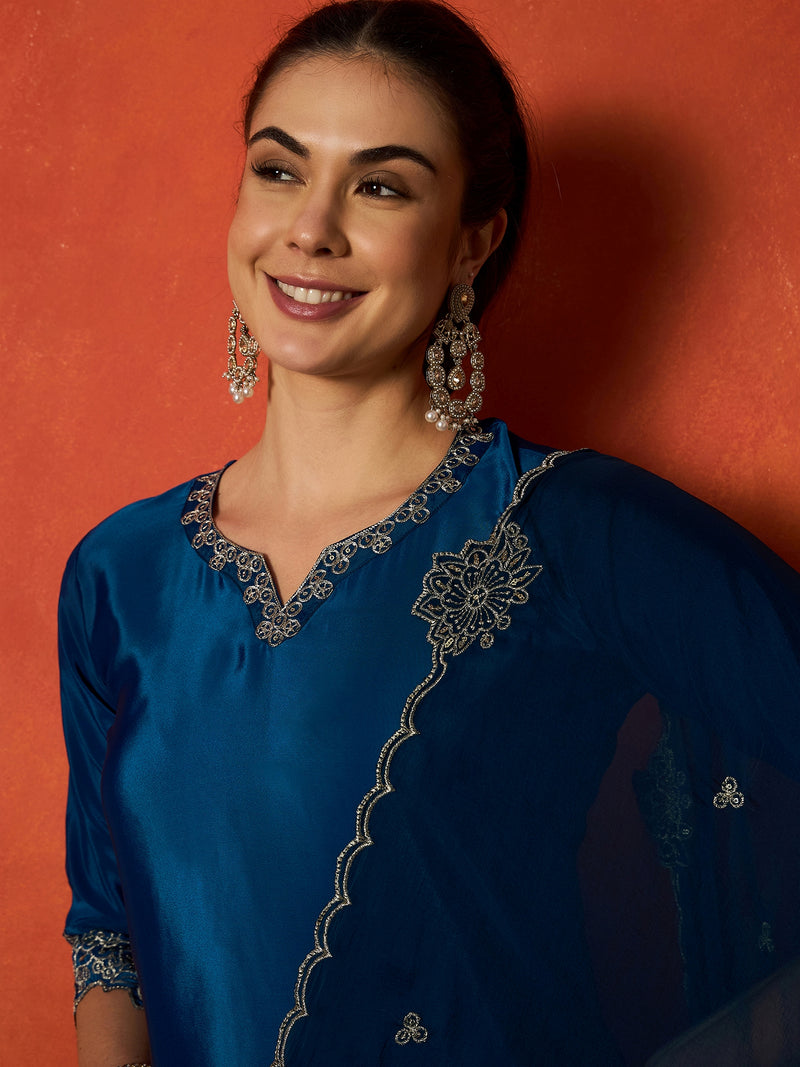Stylum Women's Teal Solid & Embroidered Silk Blend Straight Kurti Palazzo Dupatta Set
