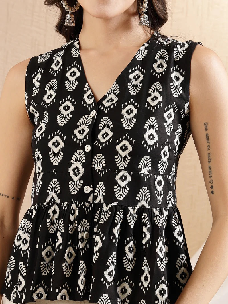 Stylum Women's Black Ikat Printed Rayon Co-Ord Set