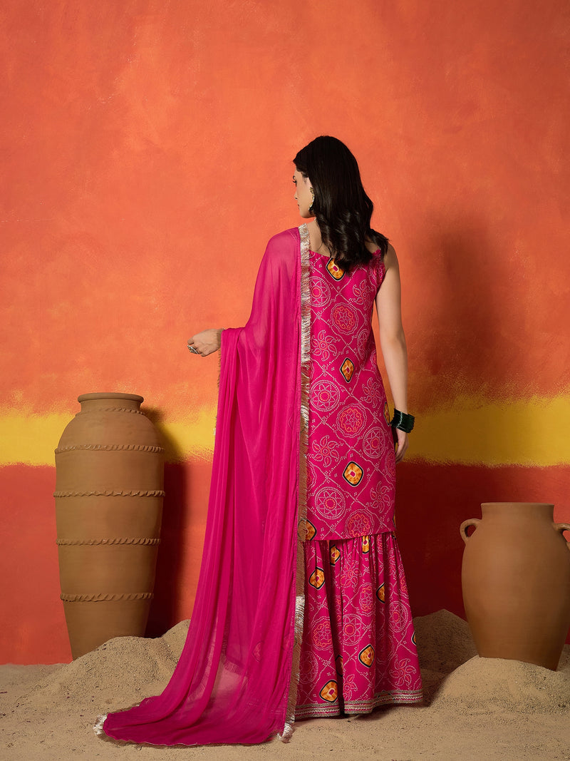 Stylum Women's Pink Bandhej Printed Crepe Straight Kurta Sharara Dupatta Set