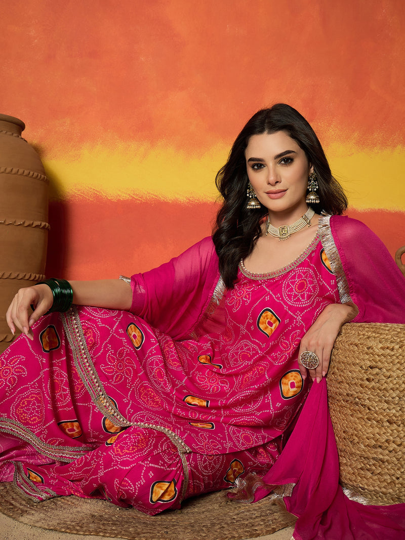 Stylum Women's Pink Bandhej Printed Crepe Straight Kurta Sharara Dupatta Set