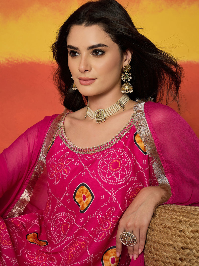 Stylum Women's Pink Bandhej Printed Crepe Straight Kurta Sharara Dupatta Set