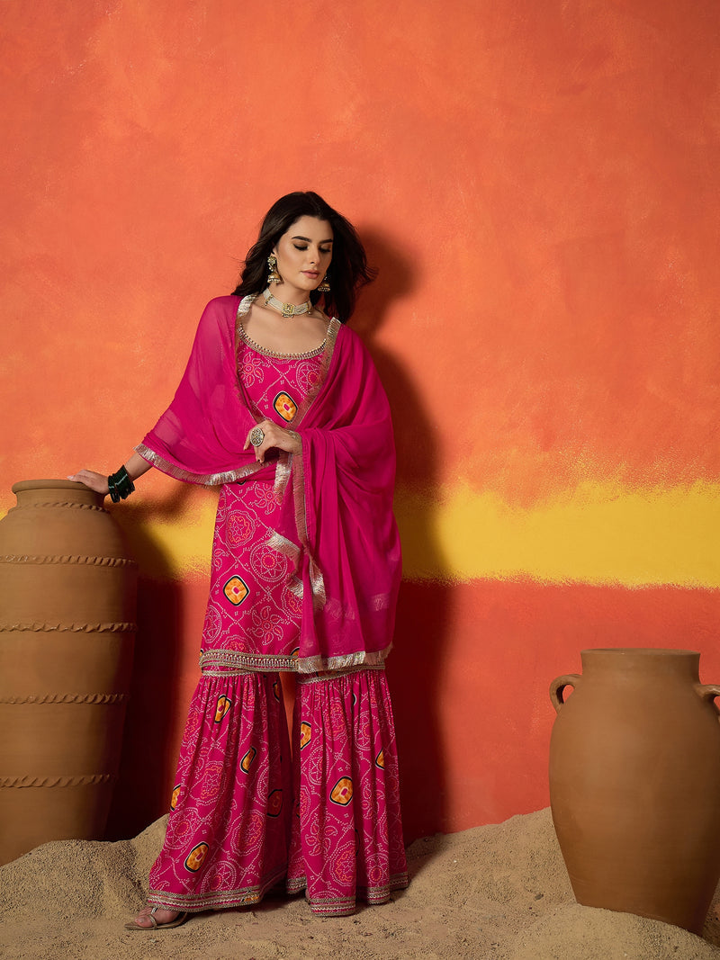 Stylum Women's Pink Bandhej Printed Crepe Straight Kurta Sharara Dupatta Set