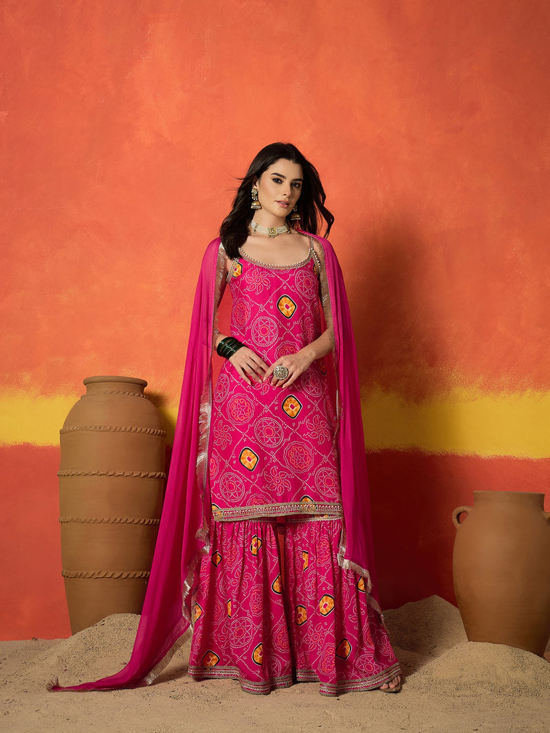 Stylum Women's Pink Bandhej Printed Crepe Straight Kurta Sharara Dupatta Set