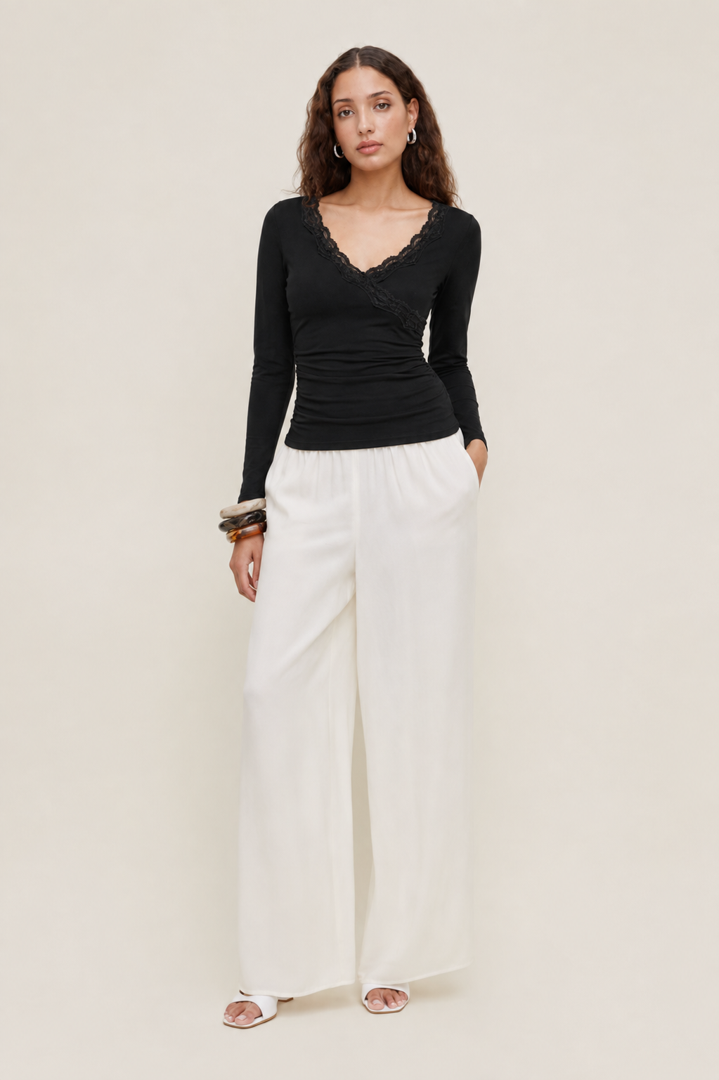 Mywishbag V-Neck Solid Lace Trim Ruched Long Sleeve Top - Polyester Blend