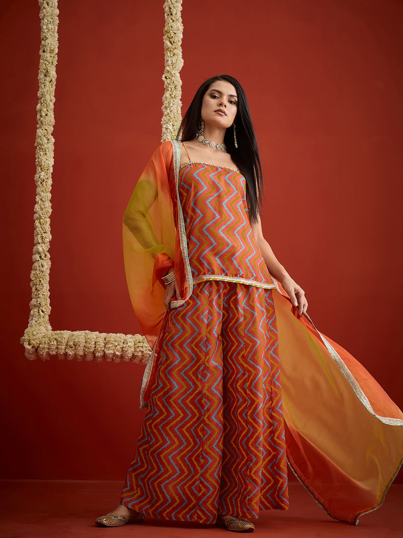 Stylum Women's Orange Chevron Printed Rayon Sleeveless Straight Short Kurti Palazzo Dupatta Set