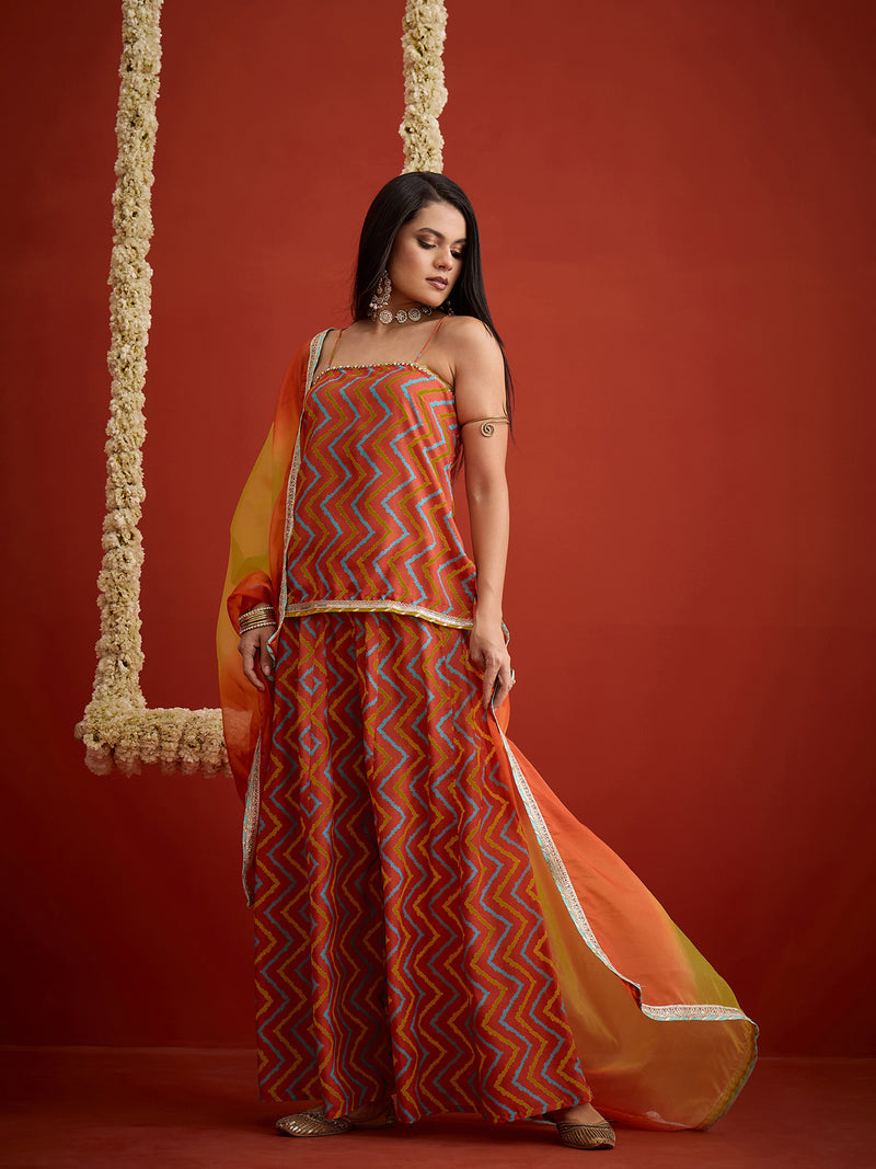 Stylum Women's Orange Chevron Printed Rayon Sleeveless Straight Short Kurti Palazzo Dupatta Set