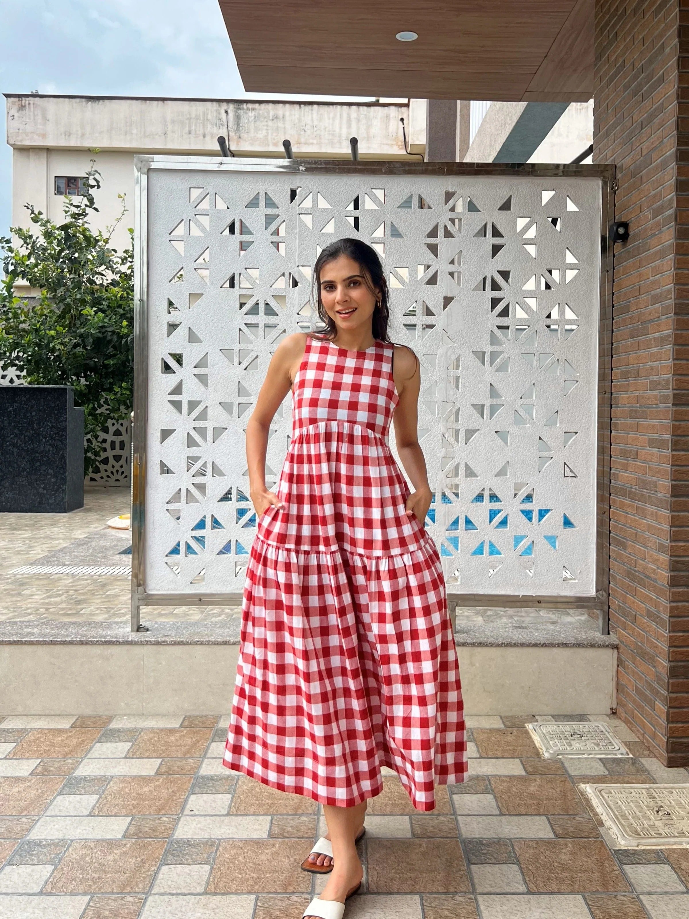 Sugnaa Classic A-Line Gingham Dress - White & Red