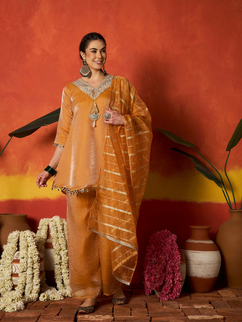 Stylum Women's Mustard Solid & Embroidered Silk A-Line Short Kurti Palazzo With Dupatta