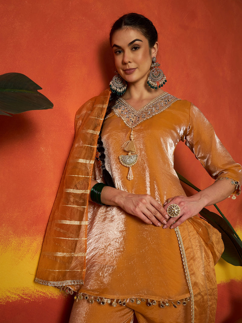 Stylum Women's Mustard Solid & Embroidered Silk A-Line Short Kurti Palazzo With Dupatta