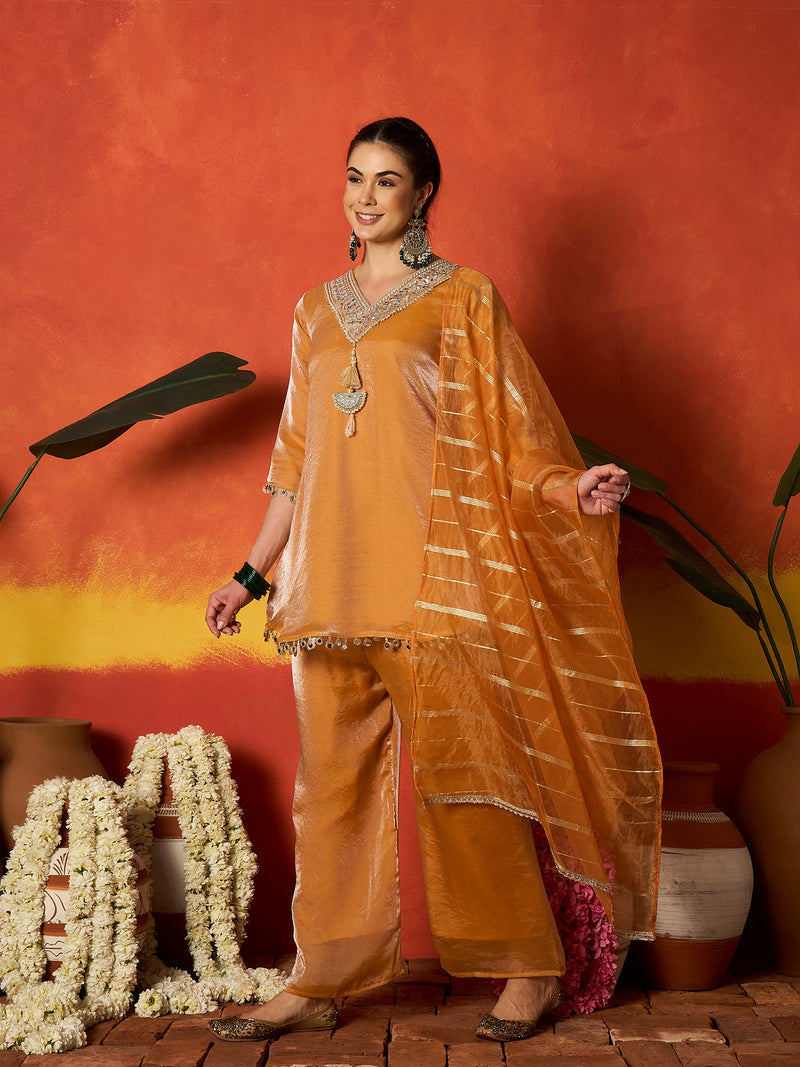 Stylum Women's Mustard Solid & Embroidered Silk A-Line Short Kurti Palazzo With Dupatta