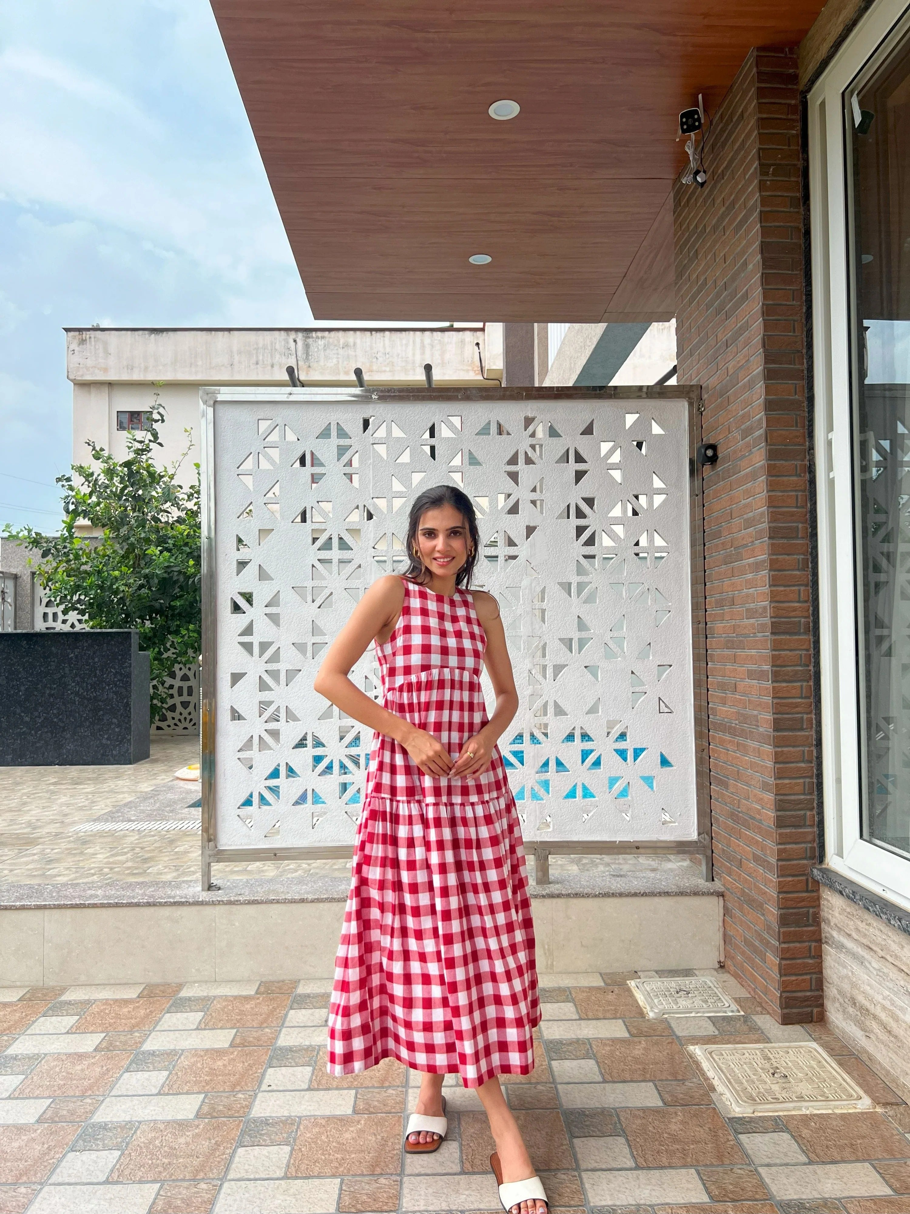 Sugnaa Classic A-Line Gingham Dress - White & Red