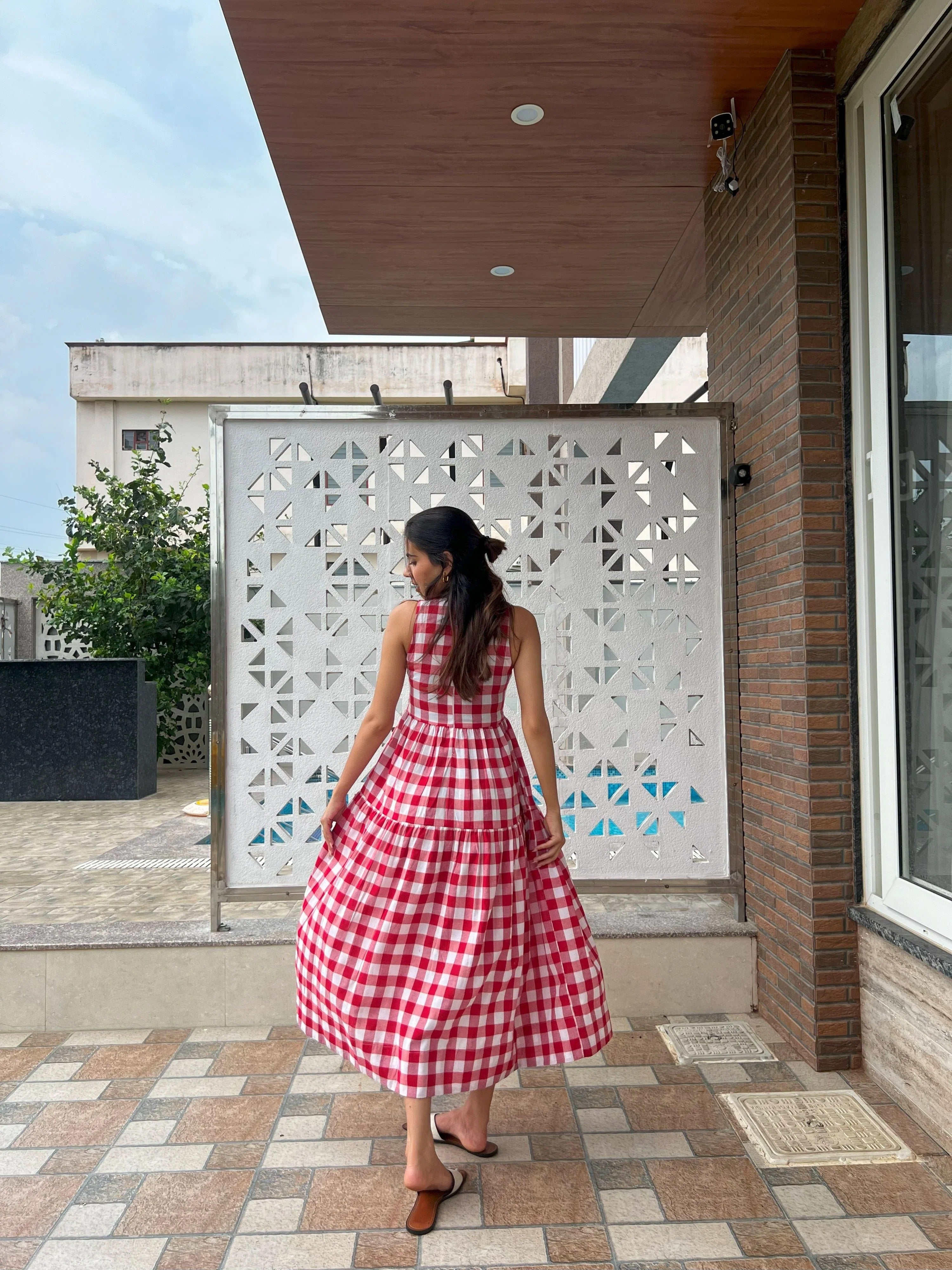 Sugnaa Classic A-Line Gingham Dress - White & Red