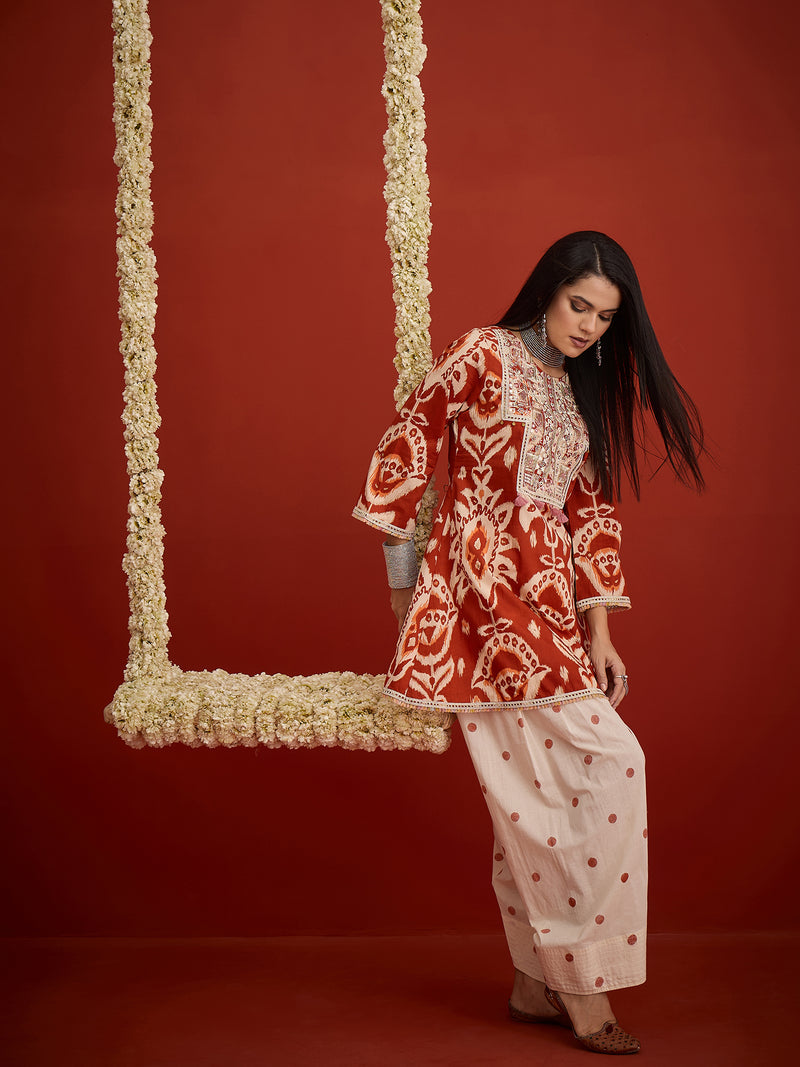 Stylum Women's Rust Ikat Printed & Embroidered Cotton A-Line Short Kurti With Farshi Slawar Set