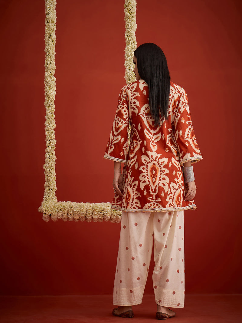 Stylum Women's Rust Ikat Printed & Embroidered Cotton A-Line Short Kurti With Farshi Slawar Set