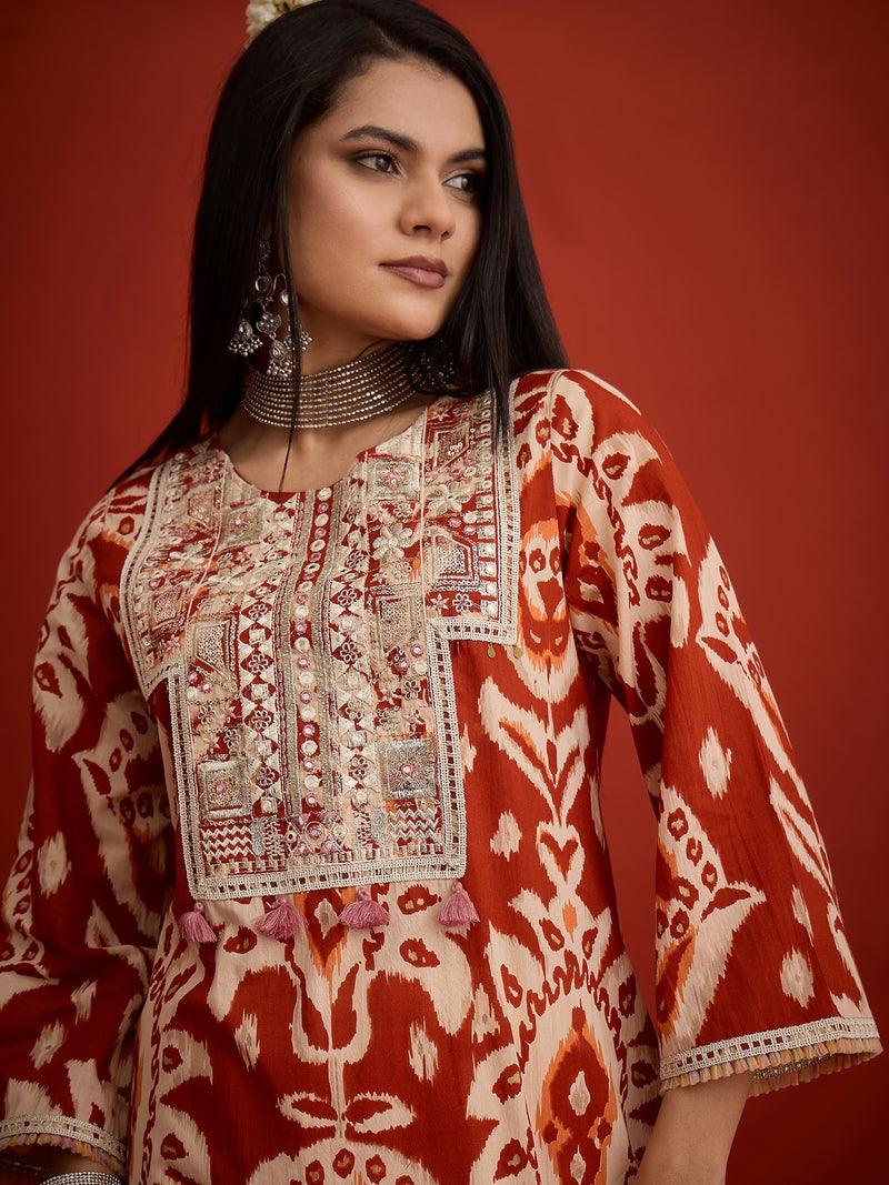 Stylum Women's Rust Ikat Printed & Embroidered Cotton A-Line Short Kurti With Farshi Slawar Set