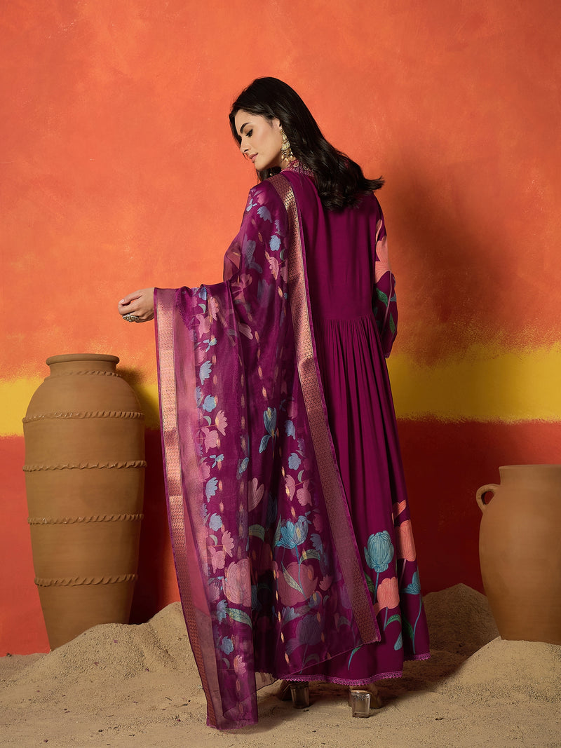 Stylum Women's Floral Printed & Embroidered Rayon Anarkali Kurta Pant Dupatta Set