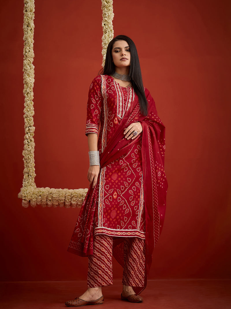 Stylum Women's Bandhej Printed Cotton Straight Kurta Pant Dupatta Set