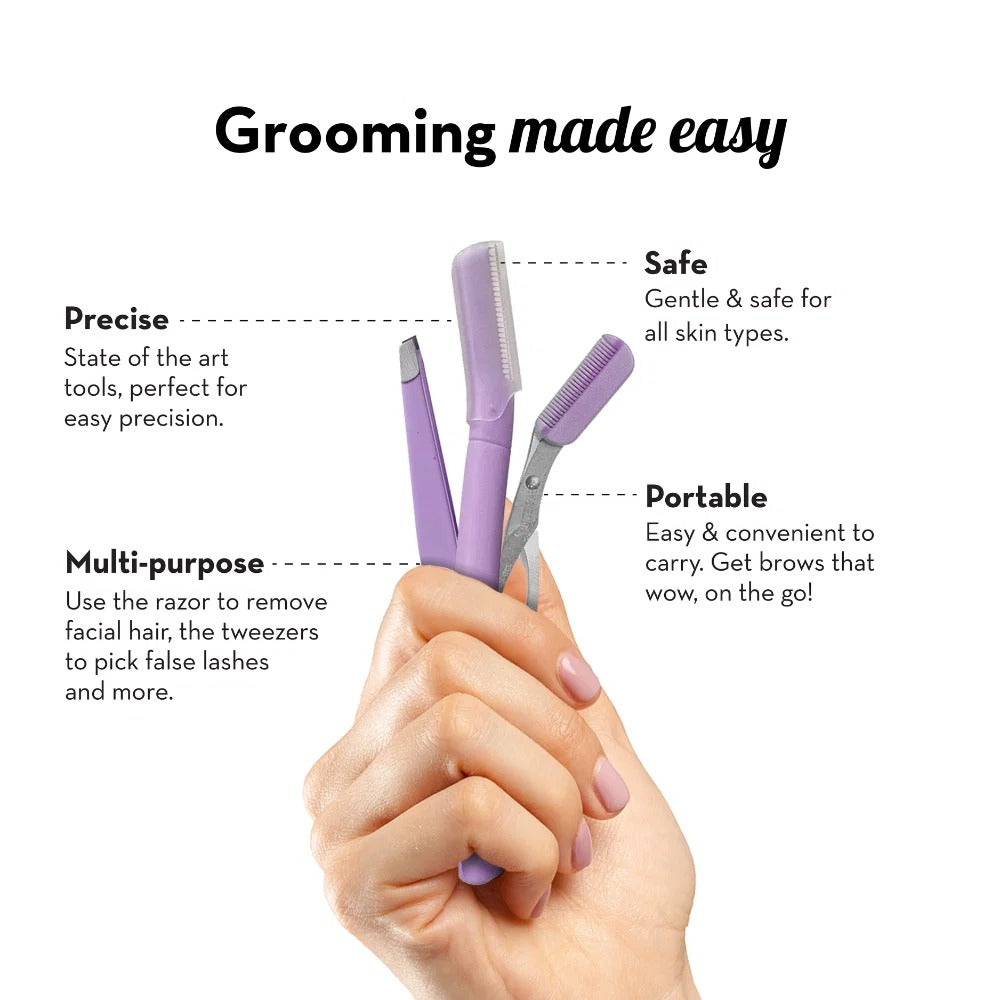 Plush 3-in-1 Professional Eyebrow Grooming Kit | Eyebrow Razor + Eyebrow Scissor Comb + Tweezer