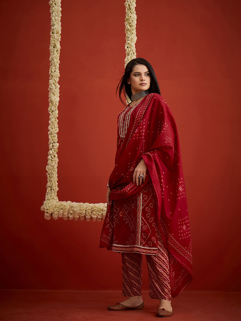 Stylum Women's Bandhej Printed Cotton Straight Kurta Pant Dupatta Set