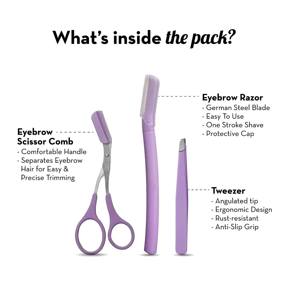 Plush 3-in-1 Professional Eyebrow Grooming Kit | Eyebrow Razor + Eyebrow Scissor Comb + Tweezer