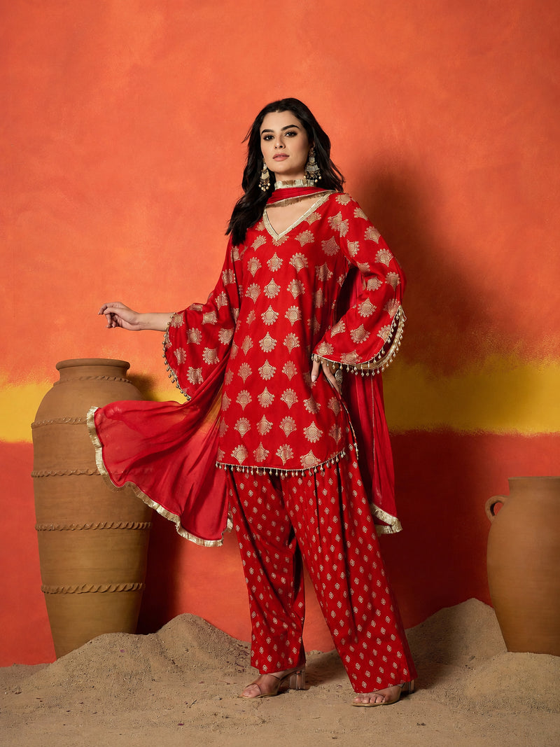 Stylum Women's Gold Printed Rayon A-Line Kurti Farshi Salwar With Dupatta