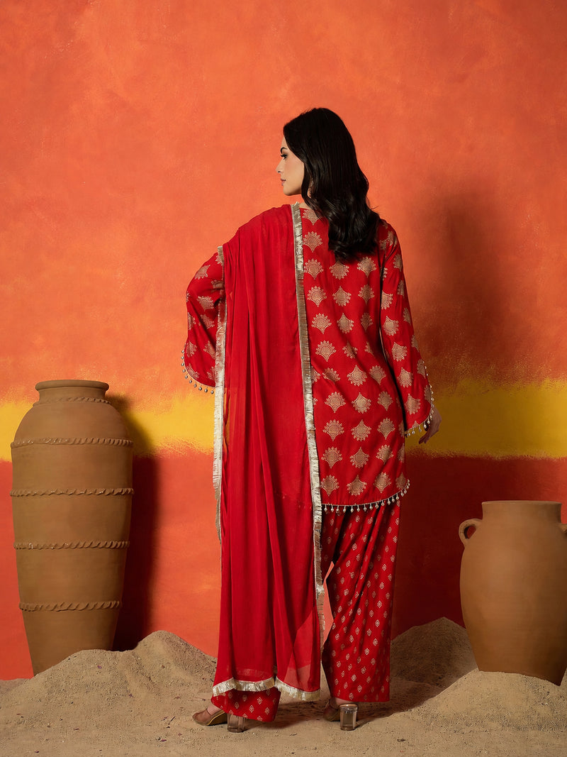 Stylum Women's Gold Printed Rayon A-Line Kurti Farshi Salwar With Dupatta