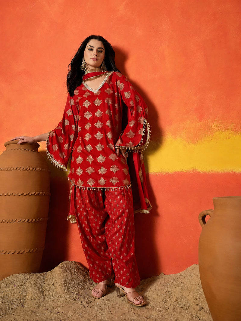 Stylum Women's Gold Printed Rayon A-Line Kurti Farshi Salwar With Dupatta