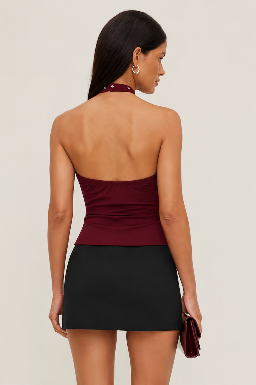 Mywishbag Halterneck Top In Brown With Eyelets - Polyester Blend