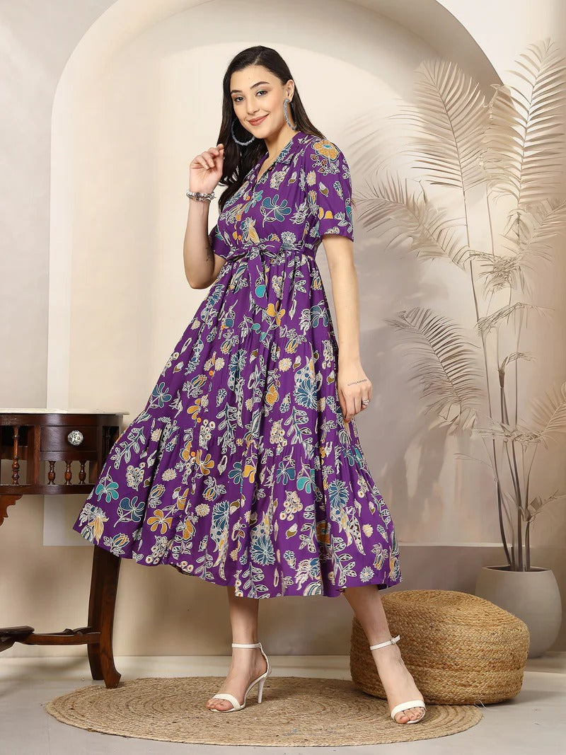 Stylum Women's Voilet Tropical Printed Rayon Tiered Dress