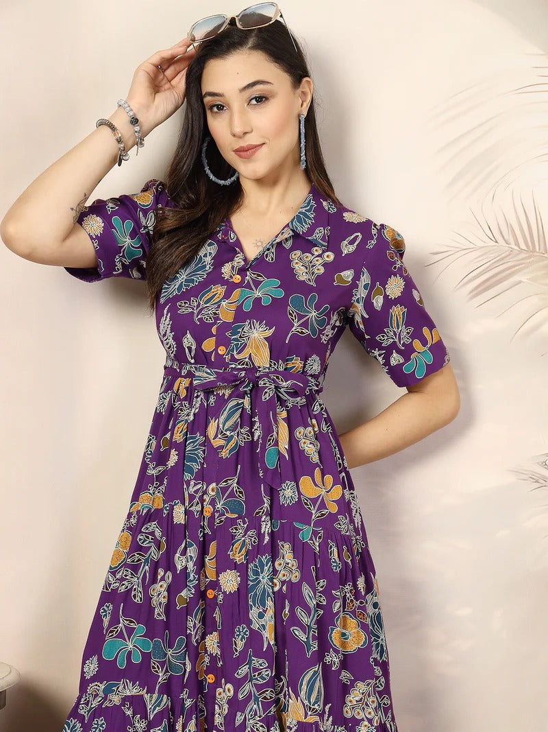 Stylum Women's Voilet Tropical Printed Rayon Tiered Dress
