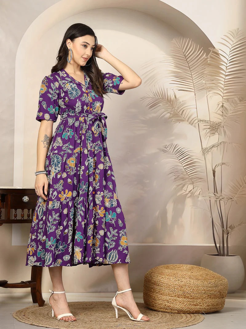 Stylum Women's Voilet Tropical Printed Rayon Tiered Dress