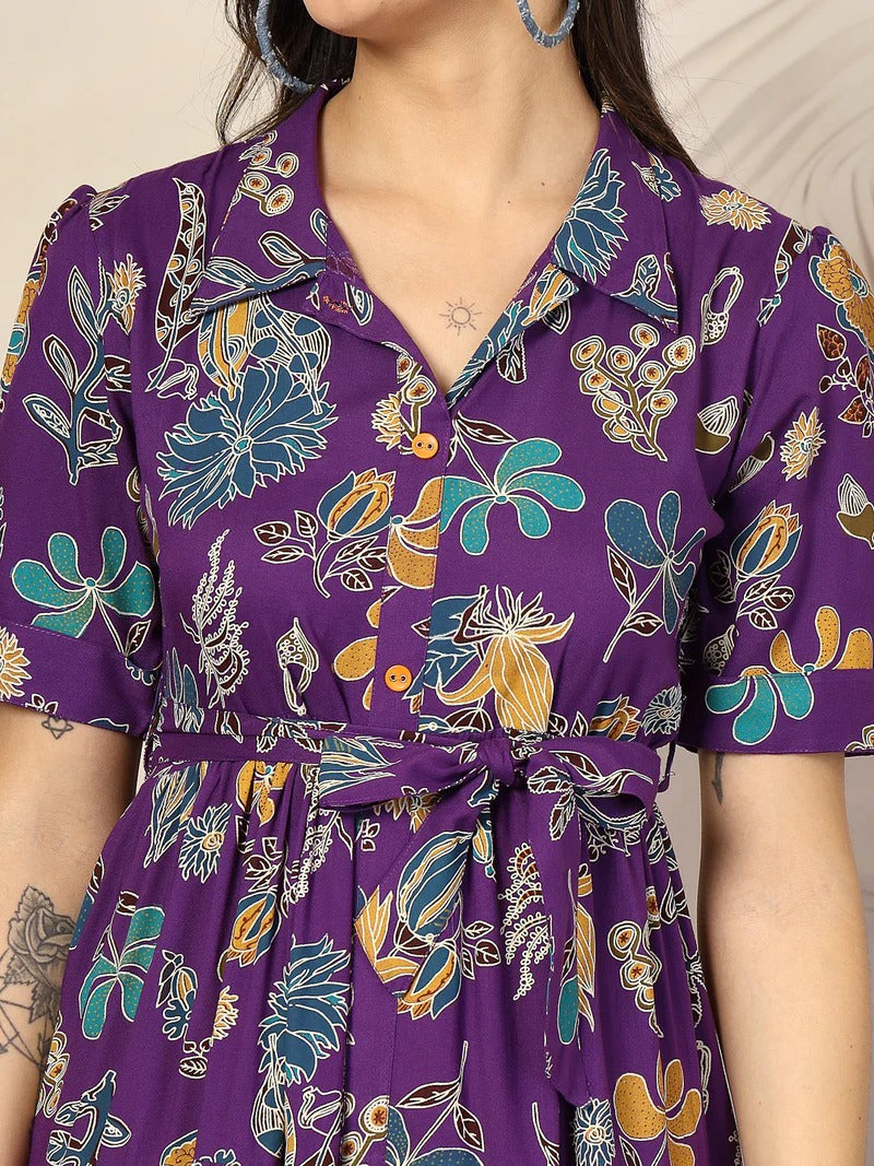 Stylum Women's Voilet Tropical Printed Rayon Tiered Dress