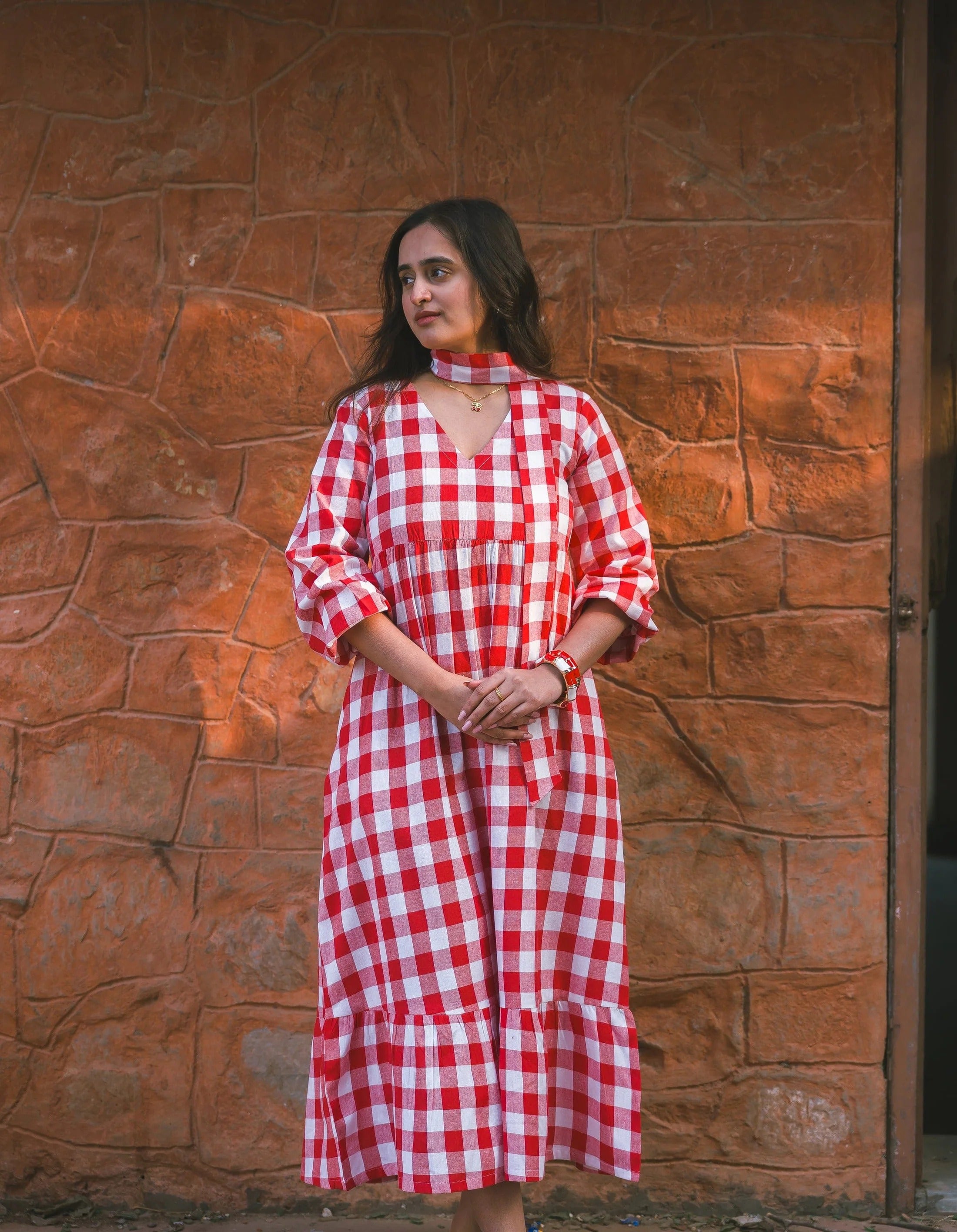 Sugnaa Classic Balloon Sleeve Gingham Full Dress - Red