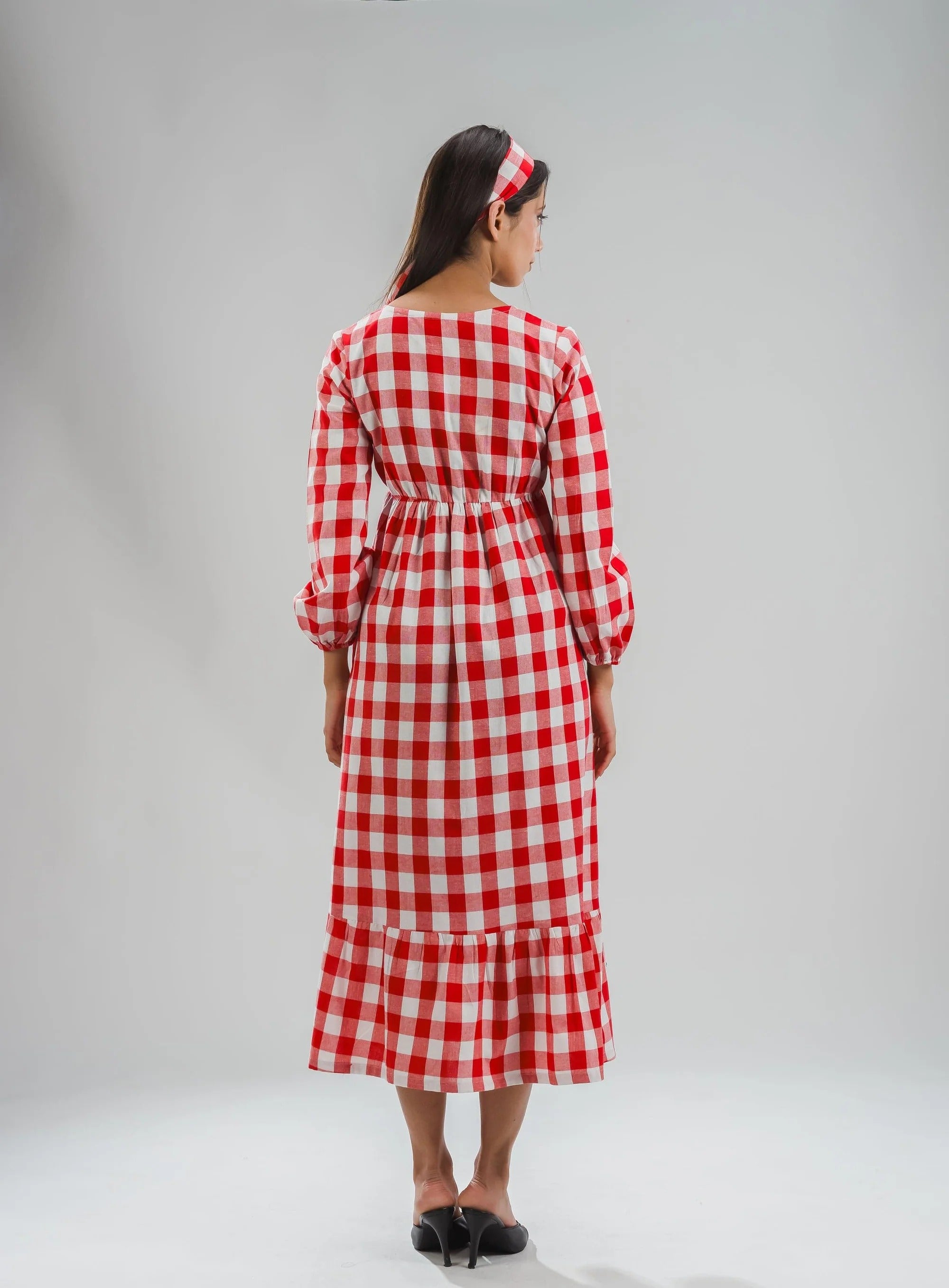 Sugnaa Classic Balloon Sleeve Gingham Full Dress - Red