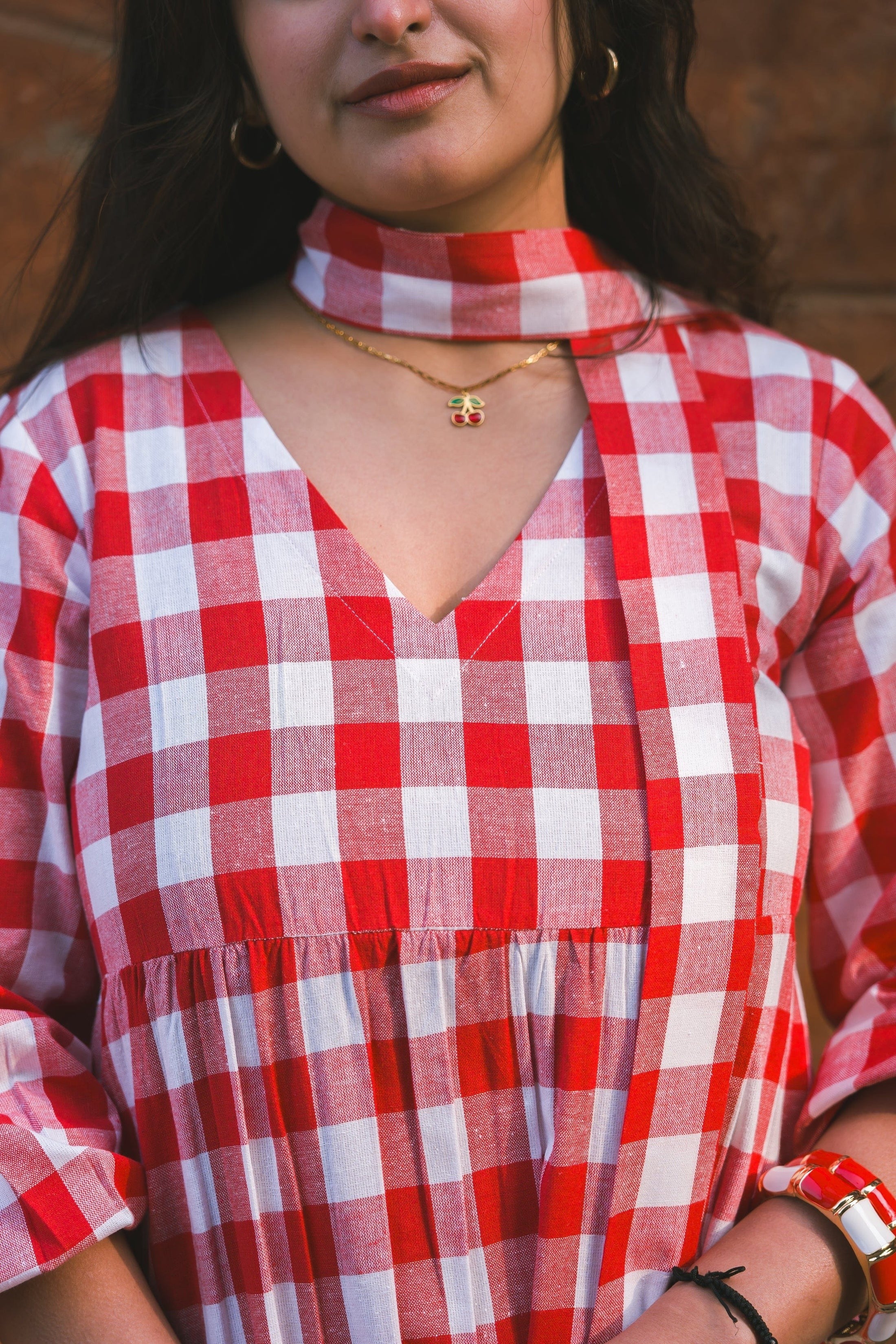 Sugnaa Classic Balloon Sleeve Gingham Full Dress - Red