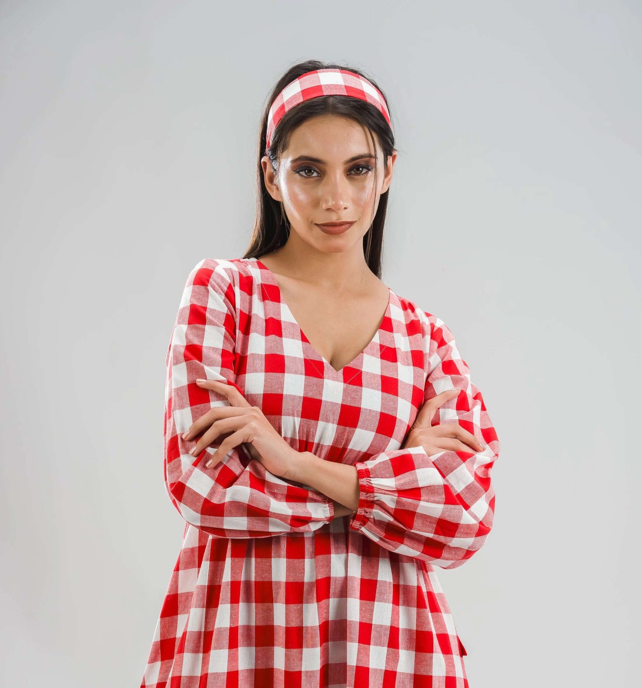 Sugnaa Classic Balloon Sleeve Gingham Full Dress - Red