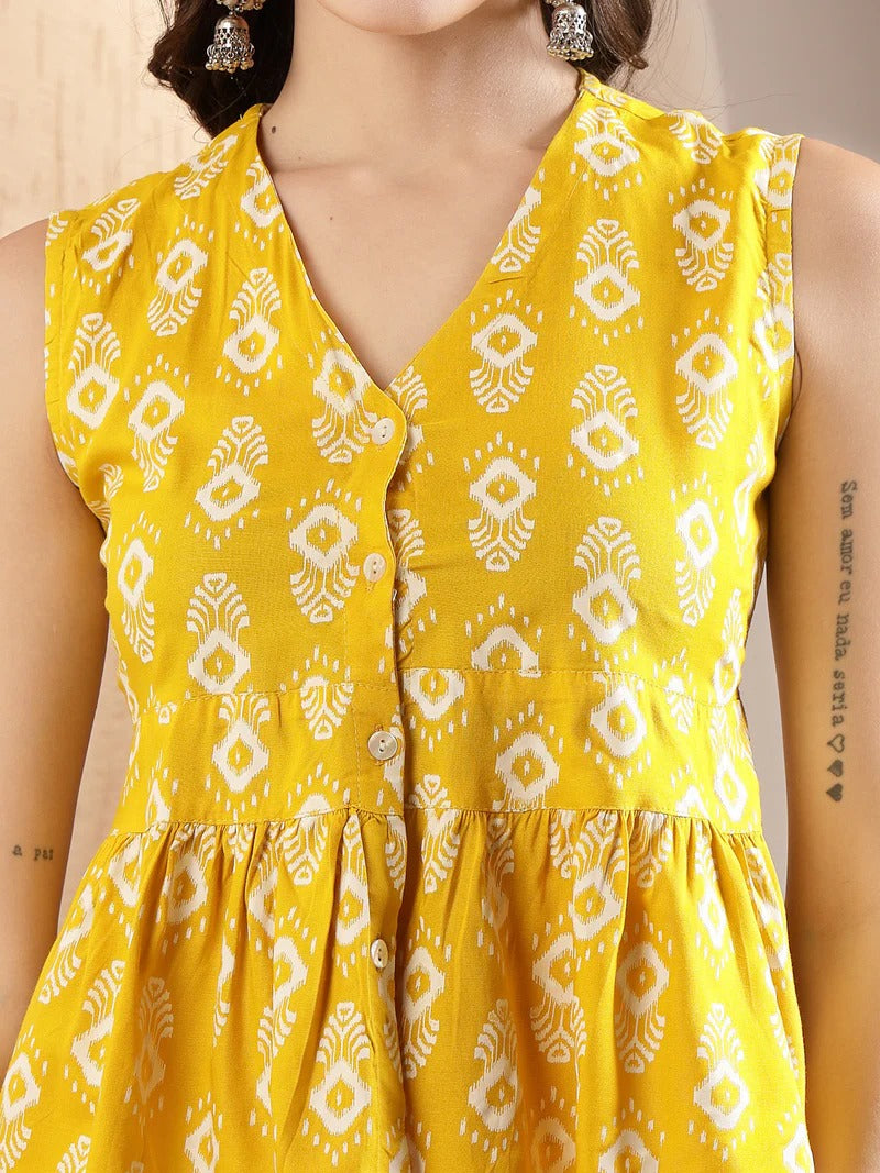 Stylum Women's Yellow Ikat Printed Rayon Co-Ord Set