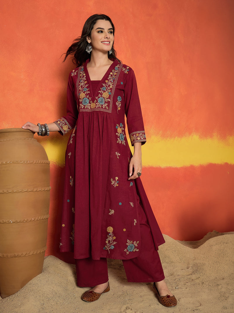 Stylum Women's Solid & Embroidered Cotton Flex A-Line Kurta Palazzo Set